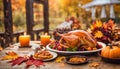 Thanksgiving dinner background with turkey and all sides dishes,