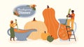 Thanksgiving dinner banner with cartoon people flat vector illustration isolated. Royalty Free Stock Photo