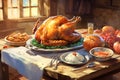 Thanksgiving dinner concept. Delicious turkey meal with pumpkin, mash potatoes with plates and cutlery on rustic wooden table.