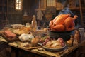 Thanksgiving dinner concept. Delicious turkey meal with pumpkin, mash potatoes with plates and cutlery on rustic wooden table.