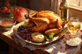 Thanksgiving dinner concept. Delicious turkey meal with pumpkin, mash potatoes with plates and cutlery on rustic wooden table.