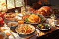 Thanksgiving dinner concept. Delicious turkey meal with pumpkin, mash potatoes with plates and cutlery on rustic wooden table.