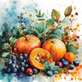 Thanksgiving Dinner Digital Embellishments, A Watercolor Painting Of Fruits And Berries Royalty Free Stock Photo