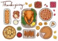 Painted Thanksgiving Dinner Illustration on White Background