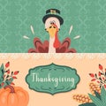 Thanksgiving dinner. Happy cute funny turkey invites for thanksgiving table. Royalty Free Stock Photo