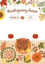Thanksgiving dinner invitation template with thanksgiving table set, food, turkey, pumpkin pie, wine. Floral autumn