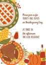 Thanksgiving dinner invitation template with thanksgiving turkey, pumpkin pie, food, table setting design. Cute autumn festival Royalty Free Stock Photo