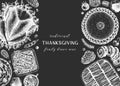 Thanksgiving dinner menu design on chalkboard. With roasted turkey, cooked vegetables, rolled meat, baking cakes and pies sketches Royalty Free Stock Photo