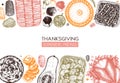 Thanksgiving dinner menu design. With roasted turkey, cooked vegetables, rolled meat, baking cakes and pies sketches. Vintage Royalty Free Stock Photo