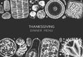 Thanksgiving dinner menu design. With roasted turkey, cooked vegetables, rolled meat, baking cakes and pies sketches. Vintage Royalty Free Stock Photo