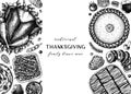 Thanksgiving dinner menu design. With roasted turkey, cooked vegetables, rolled meat, baking cakes and pies sketches. Vintage Royalty Free Stock Photo