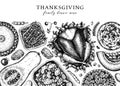 Thanksgiving dinner menu design. With roasted turkey, cooked vegetables, rolled meat, baking cakes and pies sketches. Vintage Royalty Free Stock Photo