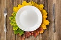 Thanksgiving dinner plate with fork, knife and autumn leaves on rustic wooden table background. Top view, copy space Royalty Free Stock Photo