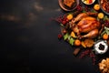 Thanksgiving dinner. Roasted turkey or chicken with greek yogurt, pumpkins, apples, berries, nuts and autumn leaves Royalty Free Stock Photo