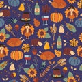 Thanksgiving dinner seamless vector pattern with pumpkins, hats, sunflowers, turkey, hedgehog, wine bottle, and leaves