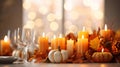 thanksgiving dinner table with candles and pumpkins Royalty Free Stock Photo