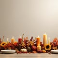 thanksgiving dinner table with candles pumpkins and other fall decorations Royalty Free Stock Photo