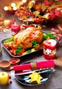 Thanksgiving dinner table served with turkey Royalty Free Stock Photo