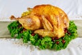 Thanksgiving dinner table served with turkey, decorated with kale and cranberry Royalty Free Stock Photo