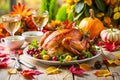 Thanksgiving Dinner Table with Turkey and Autumn Leaves Royalty Free Stock Photo