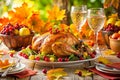 Thanksgiving Dinner Table with Turkey and Autumn Leaves Royalty Free Stock Photo