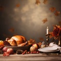 thanksgiving dinner table with turkey pumpkins and autumn leaves