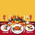 Thanksgiving dinner table vector illustration. Thanksgiving dinner party with roasted turkey and autumn leaves. AI generated