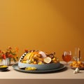 thanksgiving dinner with turkey and corn on the cob on the table 3d render stock photo