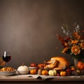 thanksgiving dinner with turkey pumpkins corn and wine on dark background