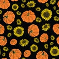 Thanksgiving doodle pumpkins, sunflower seamless pattern background design Royalty Free Stock Photo
