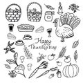 Thanksgiving doodle set graphic. set of elements hand drawn in scandinavian simple liner style