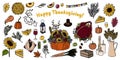 Thanksgiving doodles hand drawn set. Traditional symbols of the holiday - turkey, pumpkin pie, apple pie, apple sider, wine Royalty Free Stock Photo