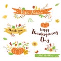 Thanksgiving day elements set Cute floral decor Inscription Ribbon text pumpkin autumn leaves Vector Royalty Free Stock Photo