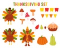 Thanksgiving elements set. Autumn icons collection with native American, pilgrim turkey, animals, harvest, pumpkins