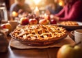 Thanksgiving family dinner with homemade traditional apple pie on table.Macro.AI Generative