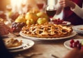 Thanksgiving family dinner with homemade traditional apple pie on table.Macro.AI Generative