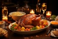 Thanksgiving Family Dinner: Traditional Roast Turkey Close Up.