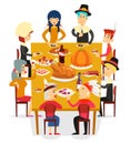 Thanksgiving family friends eat meal pie turkey pumpkin pilgrim indian costumes cartoon design vector illustration Royalty Free Stock Photo