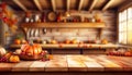 Thanksgiving farmhouse kitchen with empty wood table top for product placement