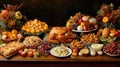 A Thanksgiving feast with a cornucopia of autumn colors and traditional dishes.