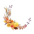 Thanksgiving festive floral wreath. Watercolor illustration. Hand drawn rustic round decor from pumpkins, flowers, leaf