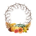 Thanksgiving floral wreath. Watercolor illustration. Hand drawn rustic round decor with pumpkins, flowers, leaf, berries