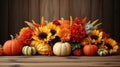 thanksgiving flowers and pumpkins on a wooden table Royalty Free Stock Photo