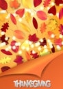 Thanksgiving flyer or poster. Fall traditional american holiday. Background with maple and oak leaves and glowing lights garland u Royalty Free Stock Photo