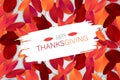 Thanksgiving flyer or poster. Fall traditional american holiday. Background with maple and oak red and orange leaves. Lettering on