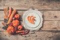 Autumn table setting, menu composition, vintage cutlery, sliced pumpkin. Royalty Free Stock Photo