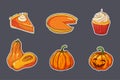 Thanksgiving Food Stickers Set. Fresh ripe pumpkins, pumpkin pies and cupcake. Collection of autumn holiday pumpkin Royalty Free Stock Photo