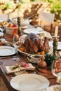 Thanksgiving, food and turkey table for gratitude, thanks and grace holiday lunch outside. Roast, vacation and festive