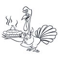 Thanksgiving funny cartoon turkey chief cook serving pumpkin pie outline strokes. Royalty Free Stock Photo