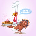 Thanksgiving funny cartoon turkey cook serving pumpkin pie and holding a fork.